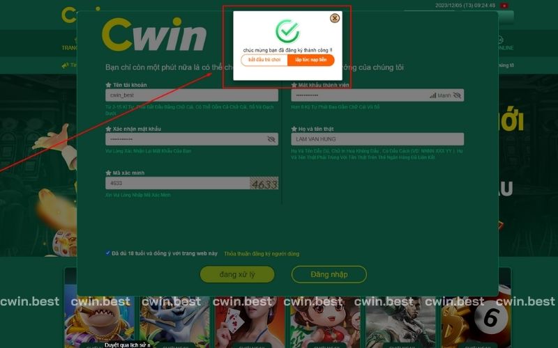 Hoàn tất đăng ký tài khoản CWIN